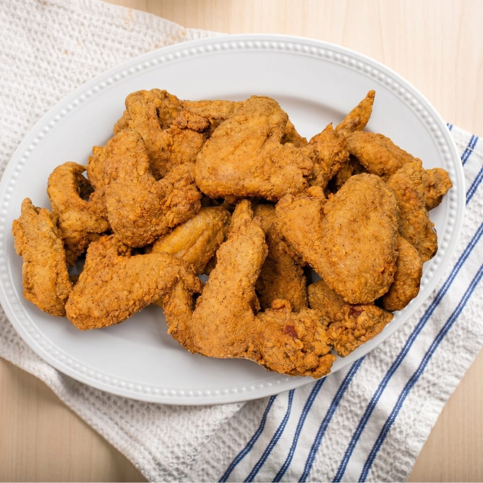 A white oval plate piled high with crispy, golden-brown fried chicken wings on a striped towel.