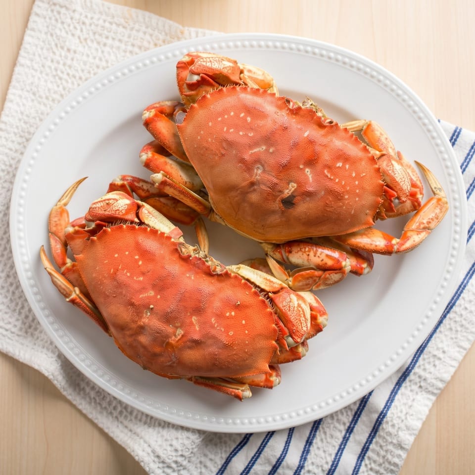 Two whole cooked Dungeness crabs with bright orange shells on a white plate.