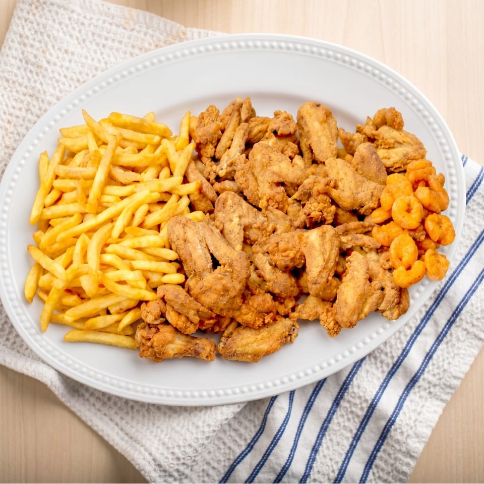 A white platter filled with golden french fries, fried chicken wings, and popcorn shrimp.