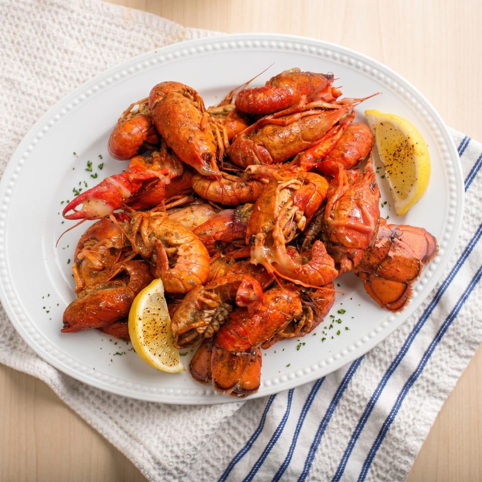 A white platter filled with seasoned, cooked crawfish and lemon wedges, on a striped towel.